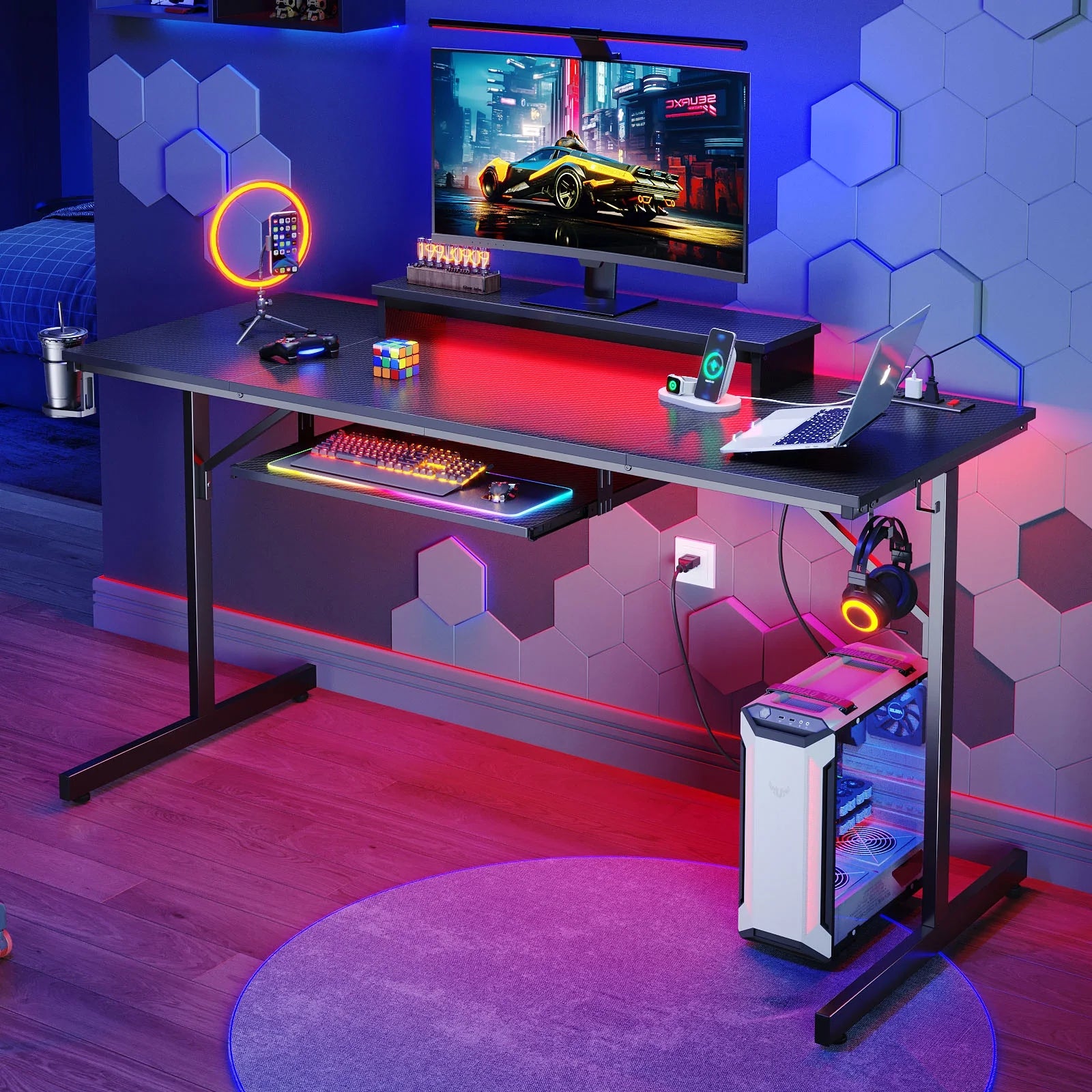 63" Gaming Desk with LED Lights & Power Outlets, Monitor Stand & Keyboard Tray for Home Office, Carbon Fiber Black