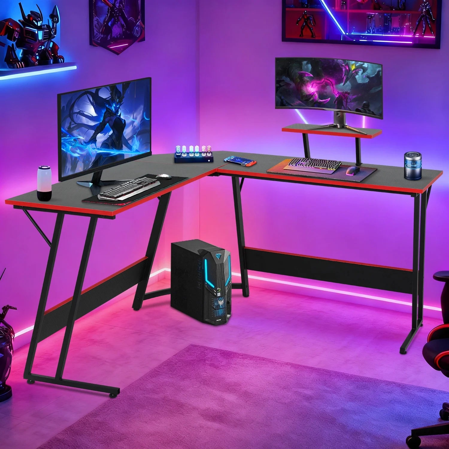 L-Shaped Gaming Desk 50 Inches Corner Computer Desk, Home Office Desk with Large Desktop Gaming Table for Adults&Kids,Black