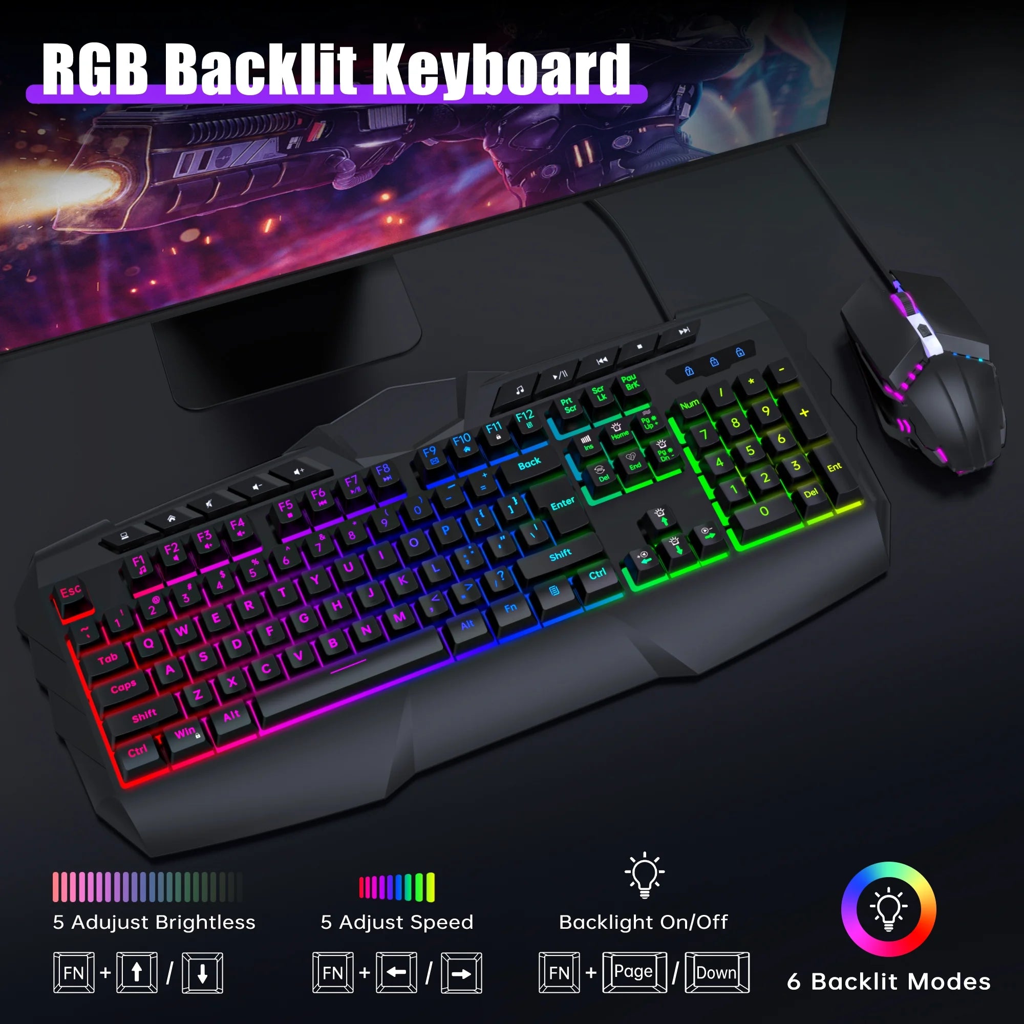 Wired Gaming Keyboard and Mouse Combo, LED RGB Backlit 114 Keys Mechanical Feel Anti-Ghosting Game Keyboard with 12 Multimedia Keys & 7 Colors Backlit Gaming Mouse for Windows PC Laptop Gamer