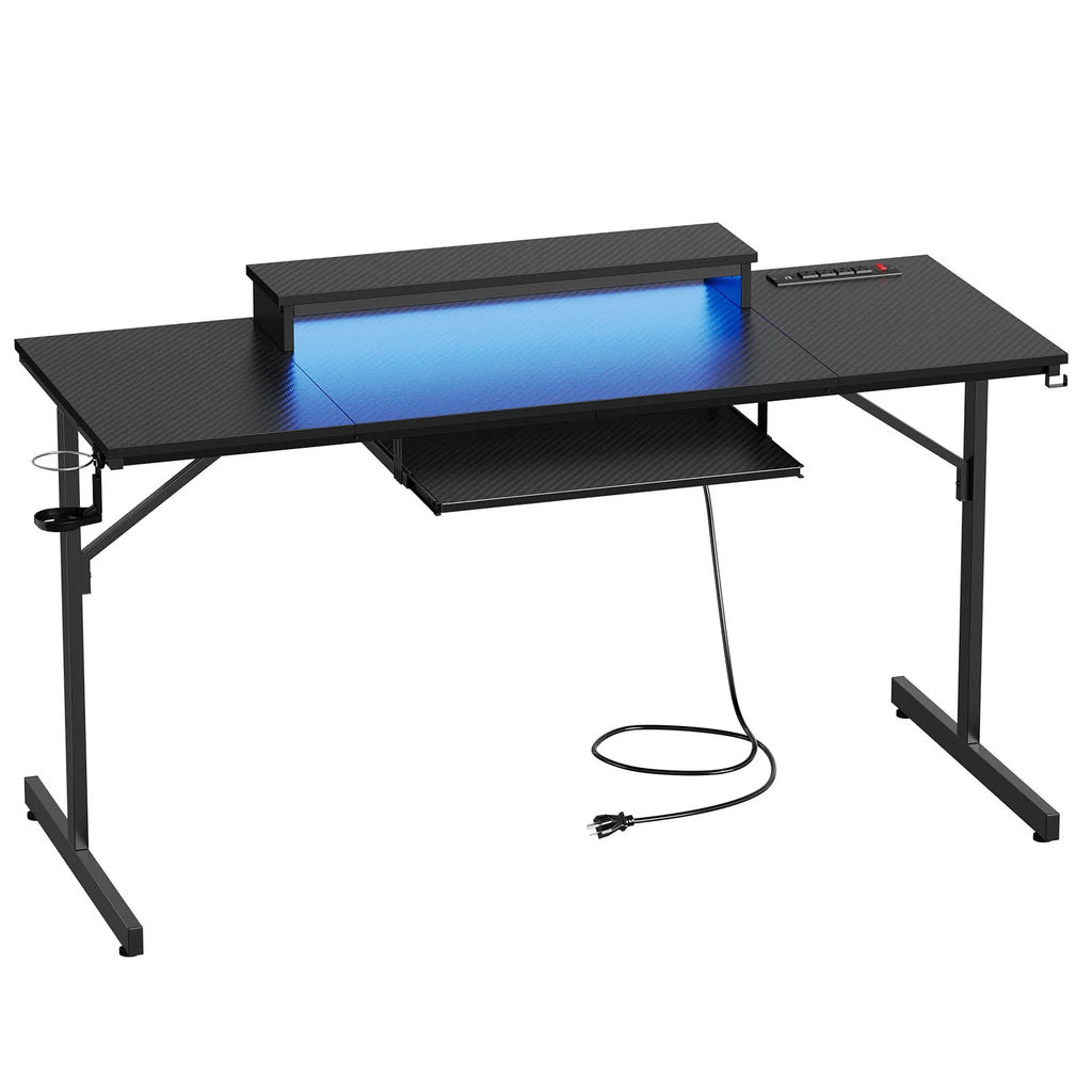 63" Gaming Desk with LED Lights & Power Outlets, Monitor Stand & Keyboard Tray for Home Office, Carbon Fiber Black