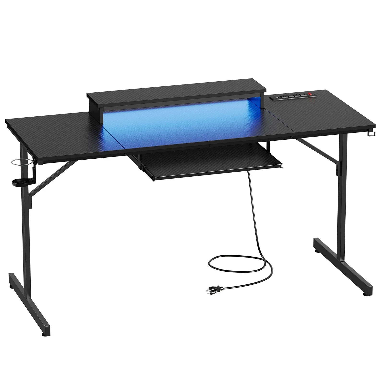 63" Gaming Desk with LED Lights & Power Outlets, Monitor Stand & Keyboard Tray for Home Office, Carbon Fiber Black