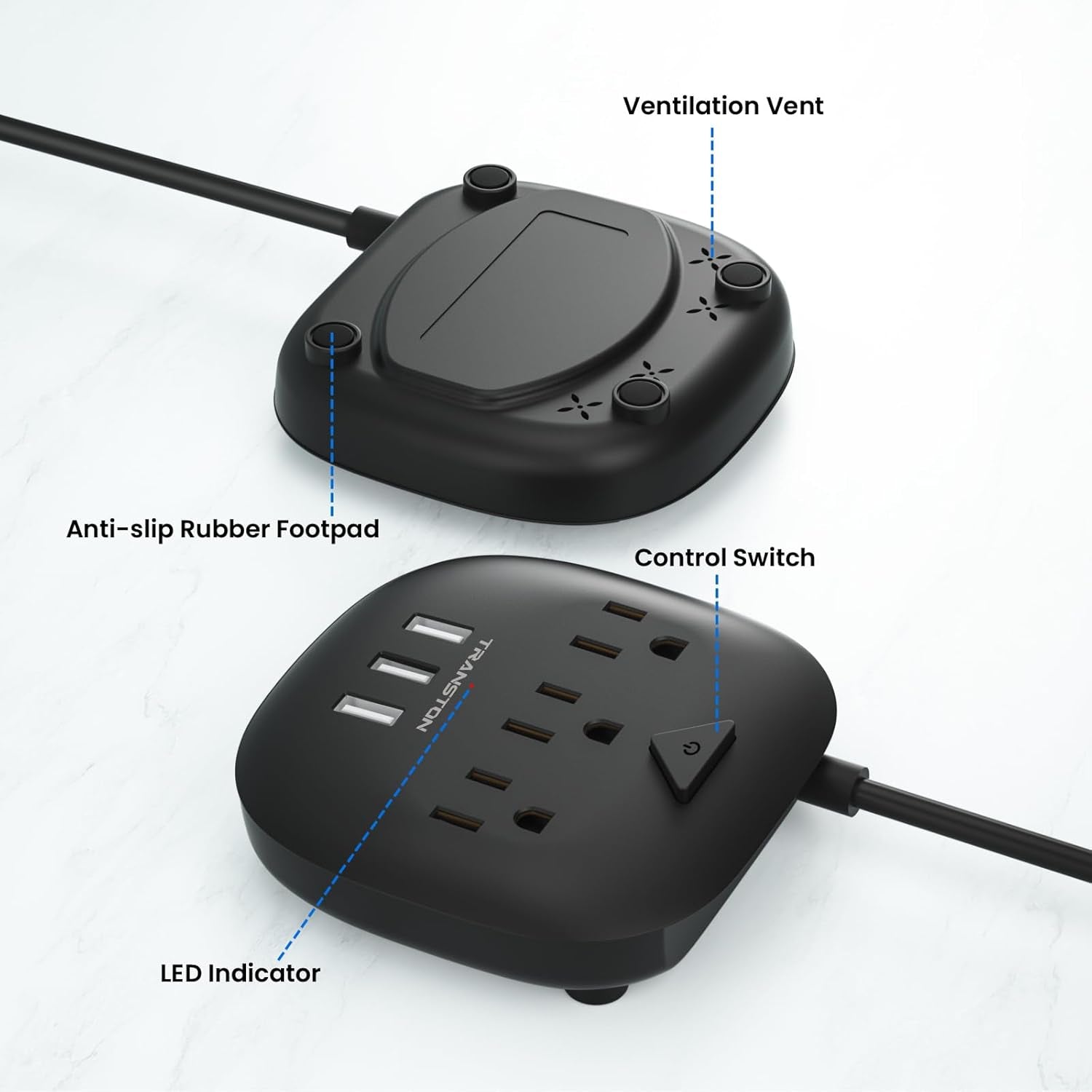 Power Strip 3 Outlets and 3 USB Ports with Switch Control, Desktop Charging Station with 5 Ft Extension Cord, Compact for Nightstand, Office and Travel - Black