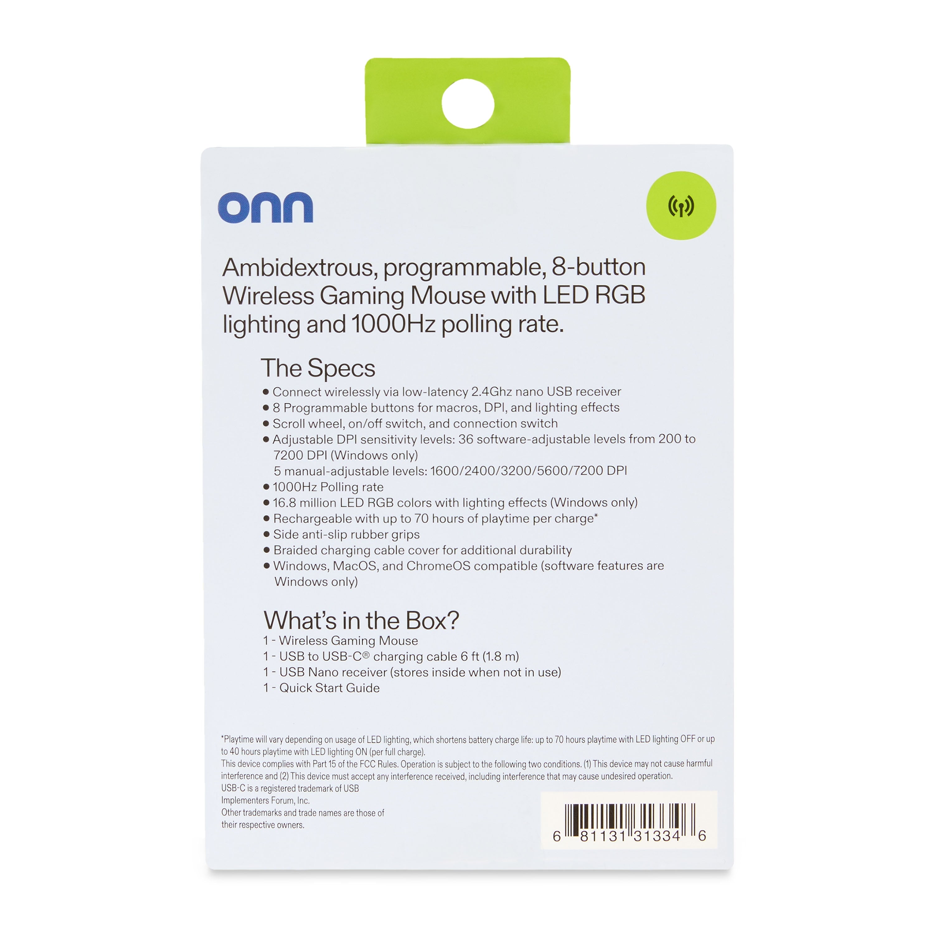 Rechargeable Wireless Gaming Mouse with LED Lighting, 8 Programmable Buttons