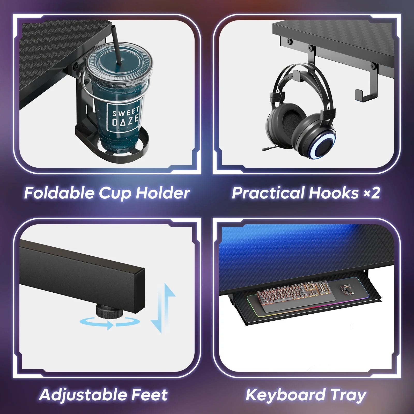 63" Gaming Desk with LED Lights & Power Outlets, Monitor Stand & Keyboard Tray for Home Office, Carbon Fiber Black